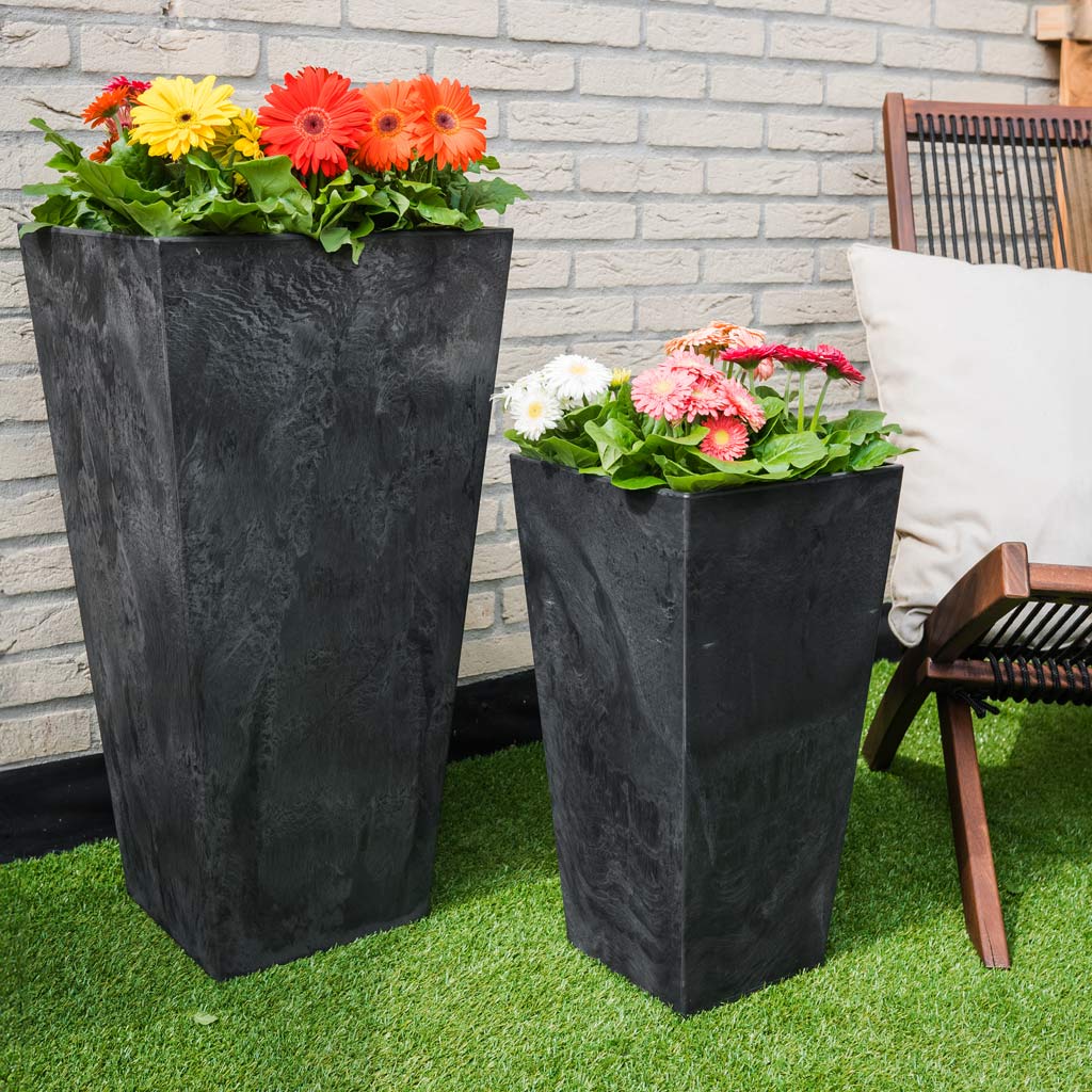 Ella Artstone Tall Planter - Black & Colourful Flowers