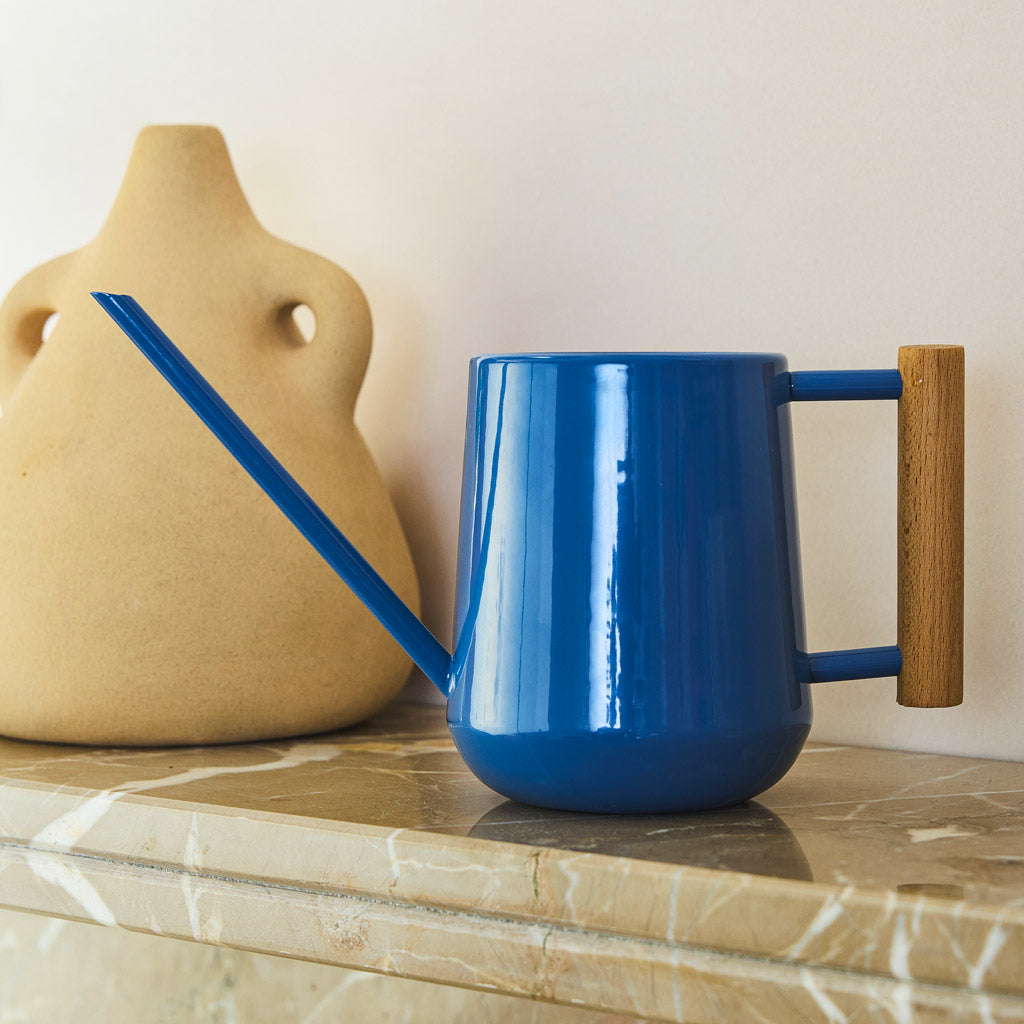 Indoor Watering Can 0.7L Costwold Blue with Beech Handle In Living Room