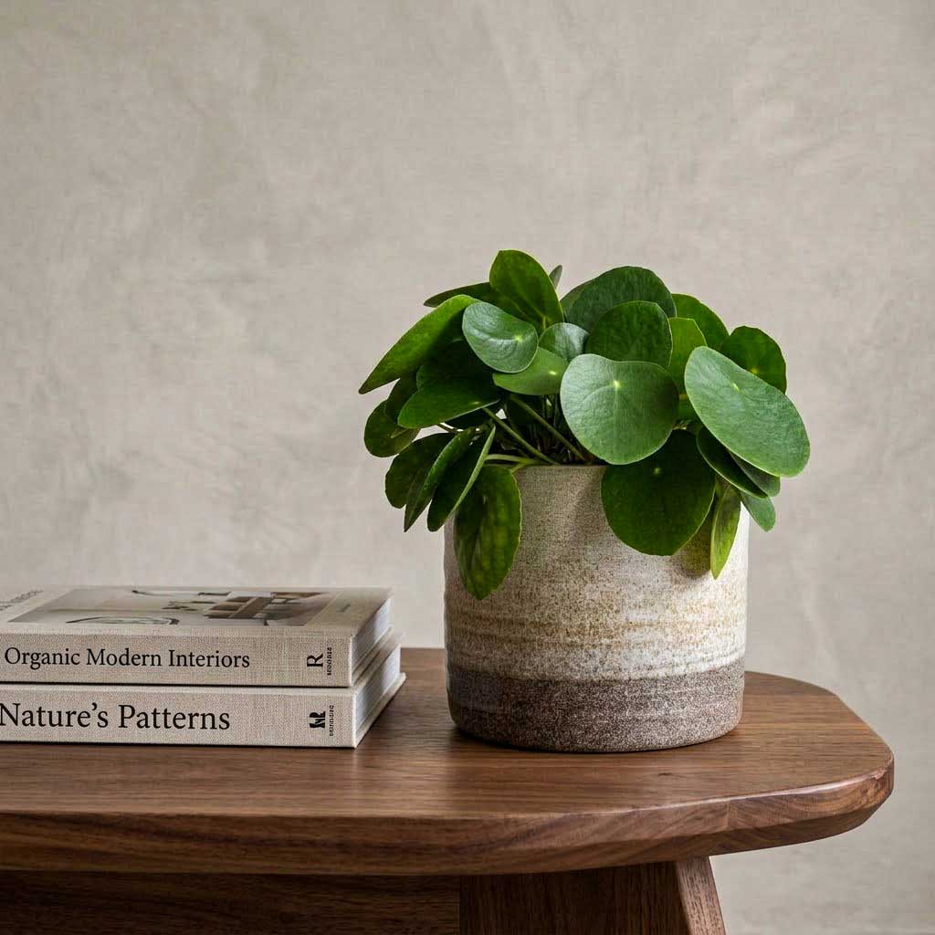 Pilea peperomioides - Chinese Money Plant - 15 x 20cm in Gia Rippled Plant Pot - Stone Granite Dip - 19 x 16cm