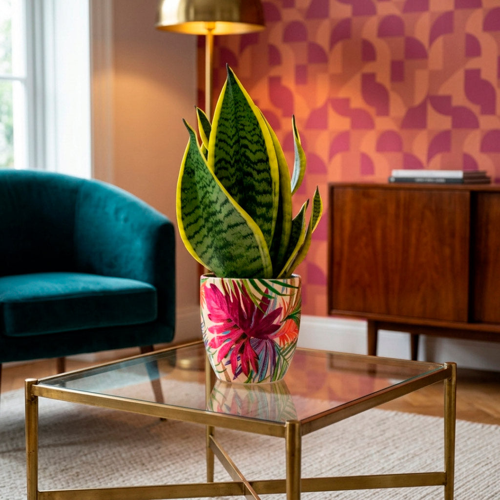Sansevieria trifasciata Futura Superba 12x35cm house plant in Monza Pot Tropical Fuchsia 13x13cm