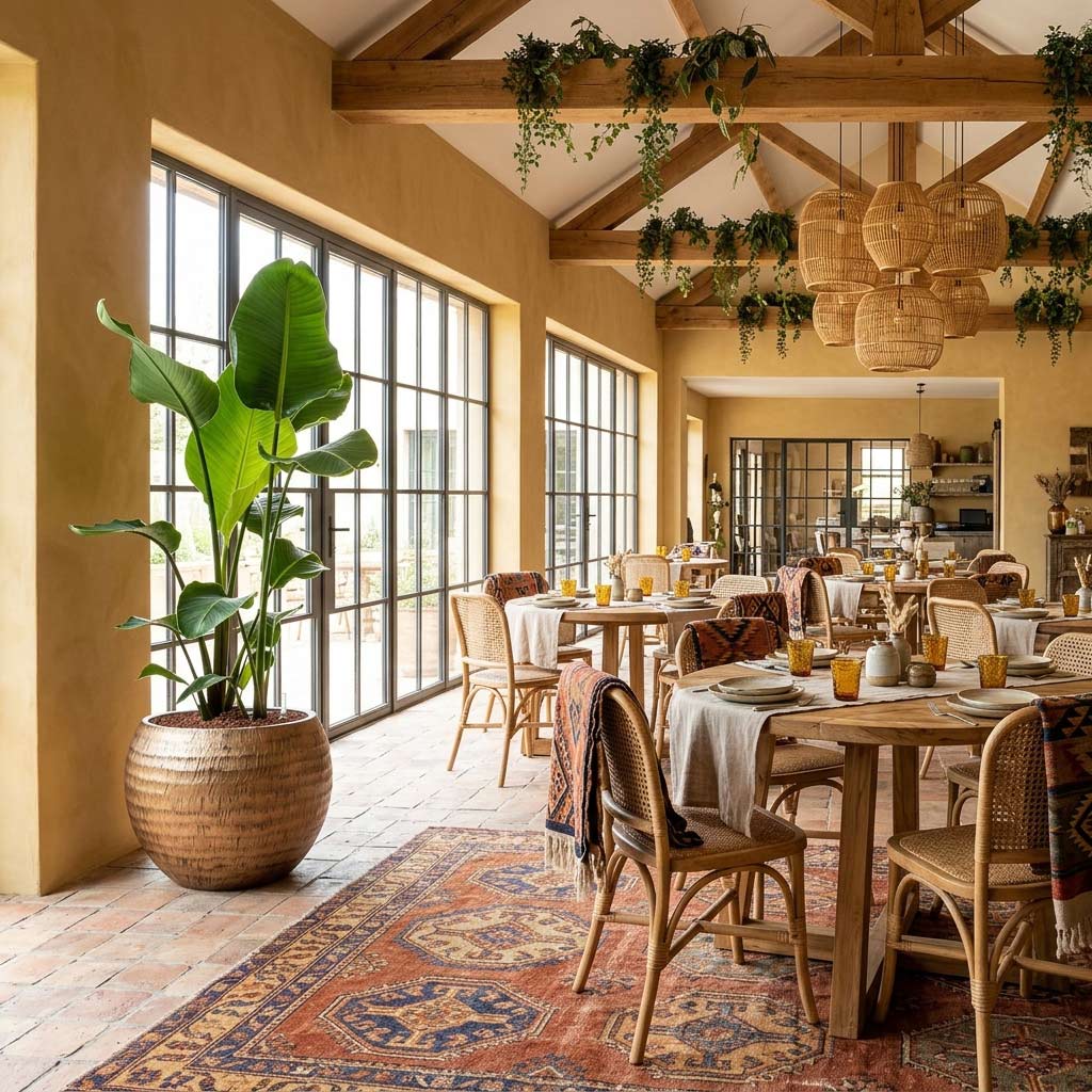Strelitzia nicolai Bird of Paradise Hydroculture 22/19x105cm house plant in a Opus Hammered Globe Planter Gold 41x32cm in a boho inspired restaurant