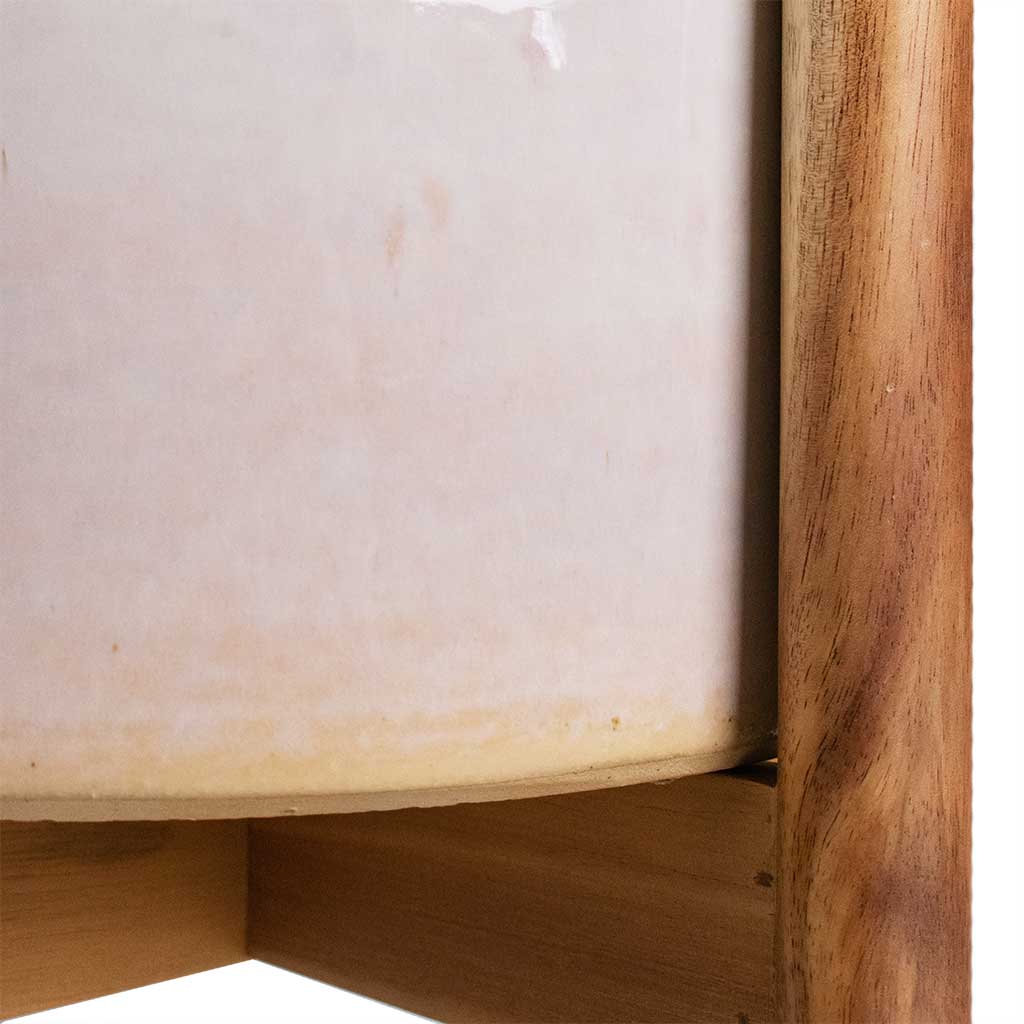 Anzio Plant Pot with Wooden Stand - Stone White Edge