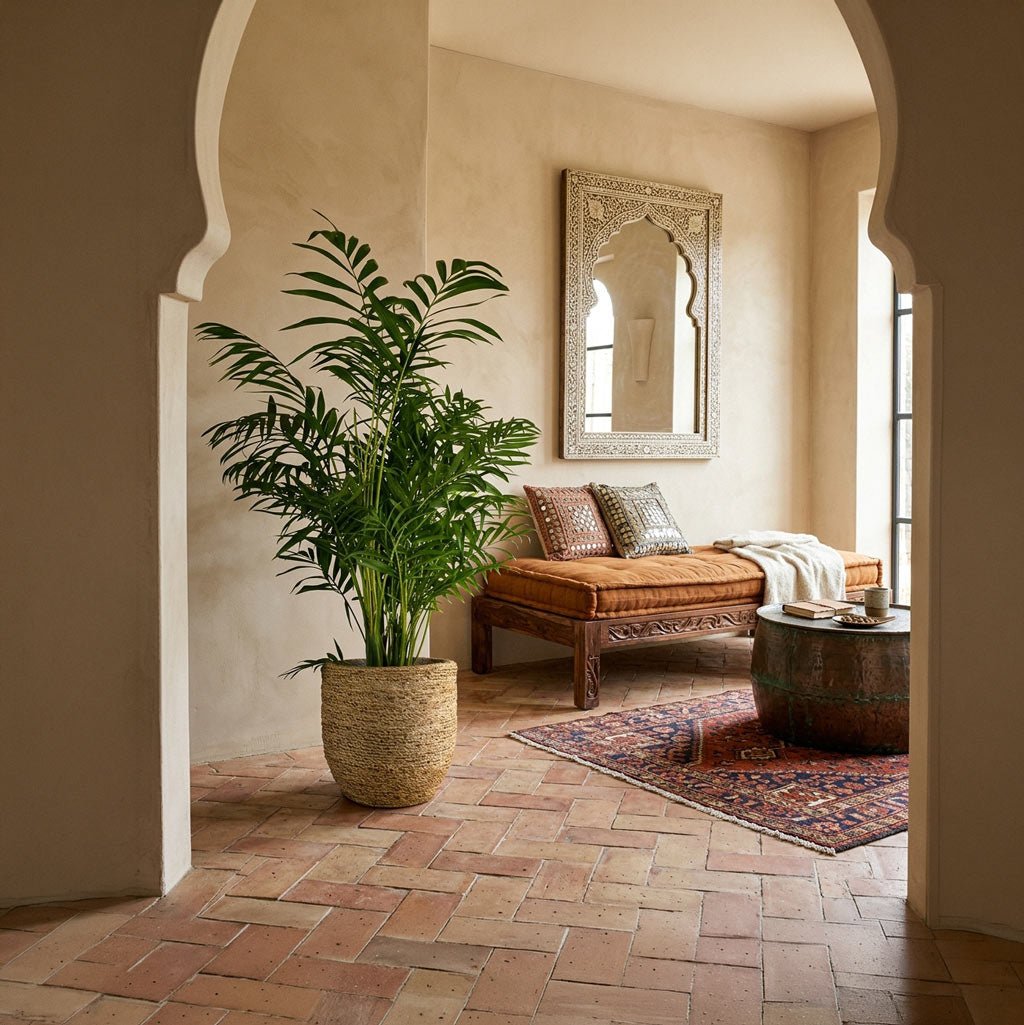 Chamaedorea elegans Parlour Palm 20x100cm house plant in Cody Plant Pot Straw Grass 27x26cm boho inspired walkthrough hall