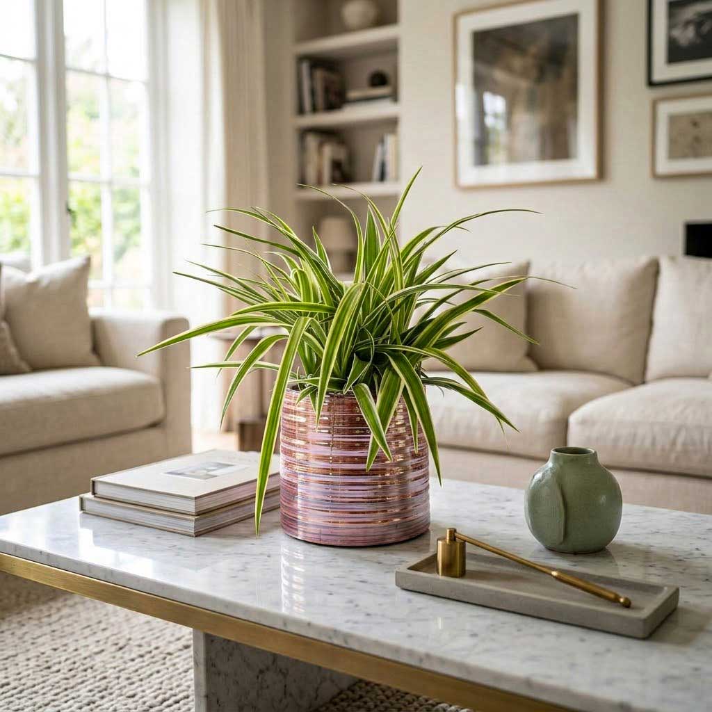 Chlorophytum Ocean Spider Plant 
 15x25cm In Didi Plant Pot Pearl Pink - 19x16cm