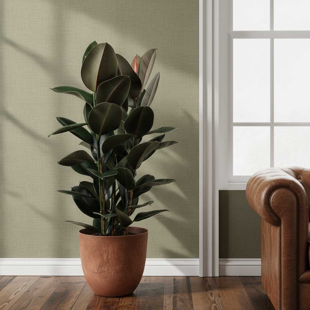 Ficus elastica Abidjan Rubber Plant 30x120cm House plant in Bola Artstone Plant Pot Oak 38x33cm