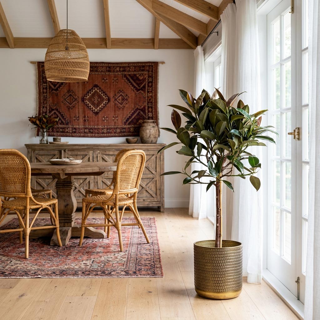 Ficus elastica Melany Stemmed 21x95cm house plant in Solis Embossed Pot Gold 25x25cm boho inspired dinning room