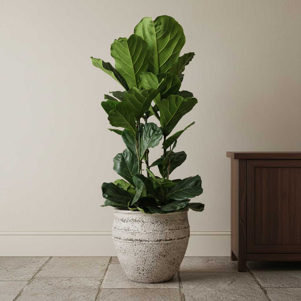 Ficus lyrata Fiddle Leaf Fig Straight Stem - 30x150cm & Athena Mediterranean Planter Chalk White - 53.5x45cm