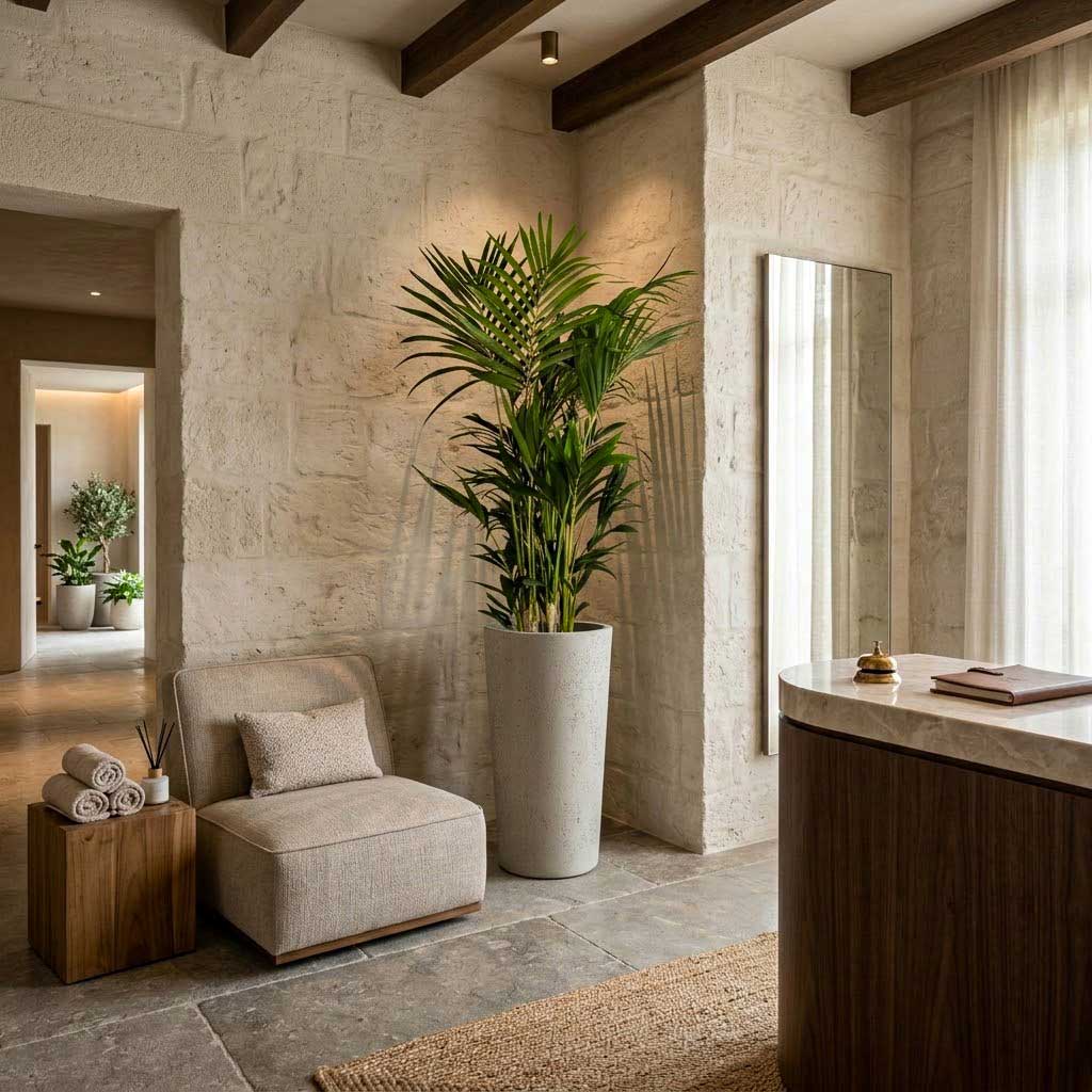 Howea - Kentia Palm - HydroCare in Grigio Tall Partner Planter - Antique White Concrete