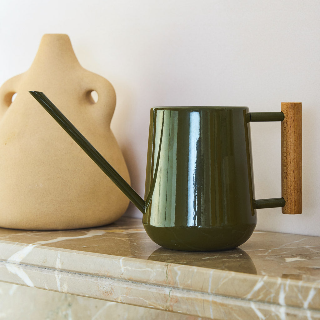 Indoor Watering Can 0.7L Olive with Beech Handle In Living Room