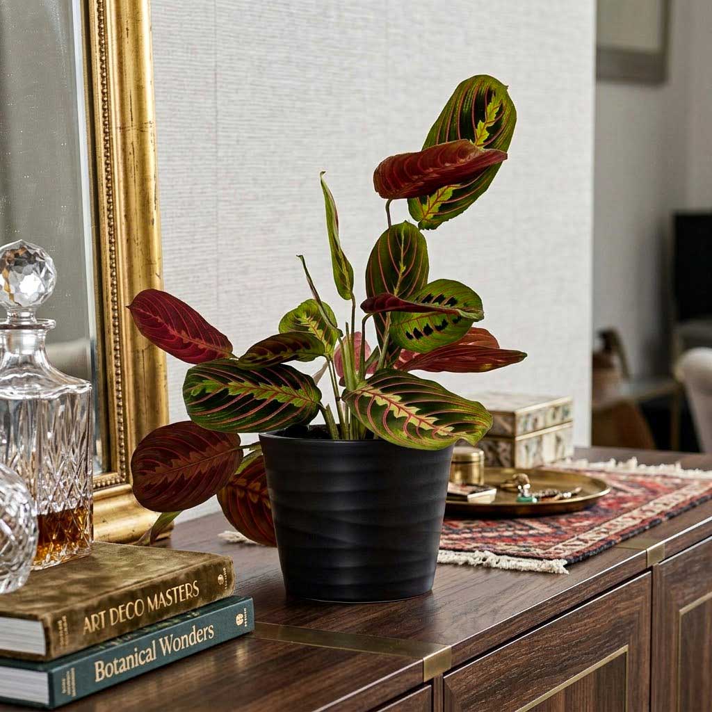 Maranta erythroneura - Herringbone Plant 12 x 35cm in Oslo Plant Pot - Anthracite - 13 x 10.5cm