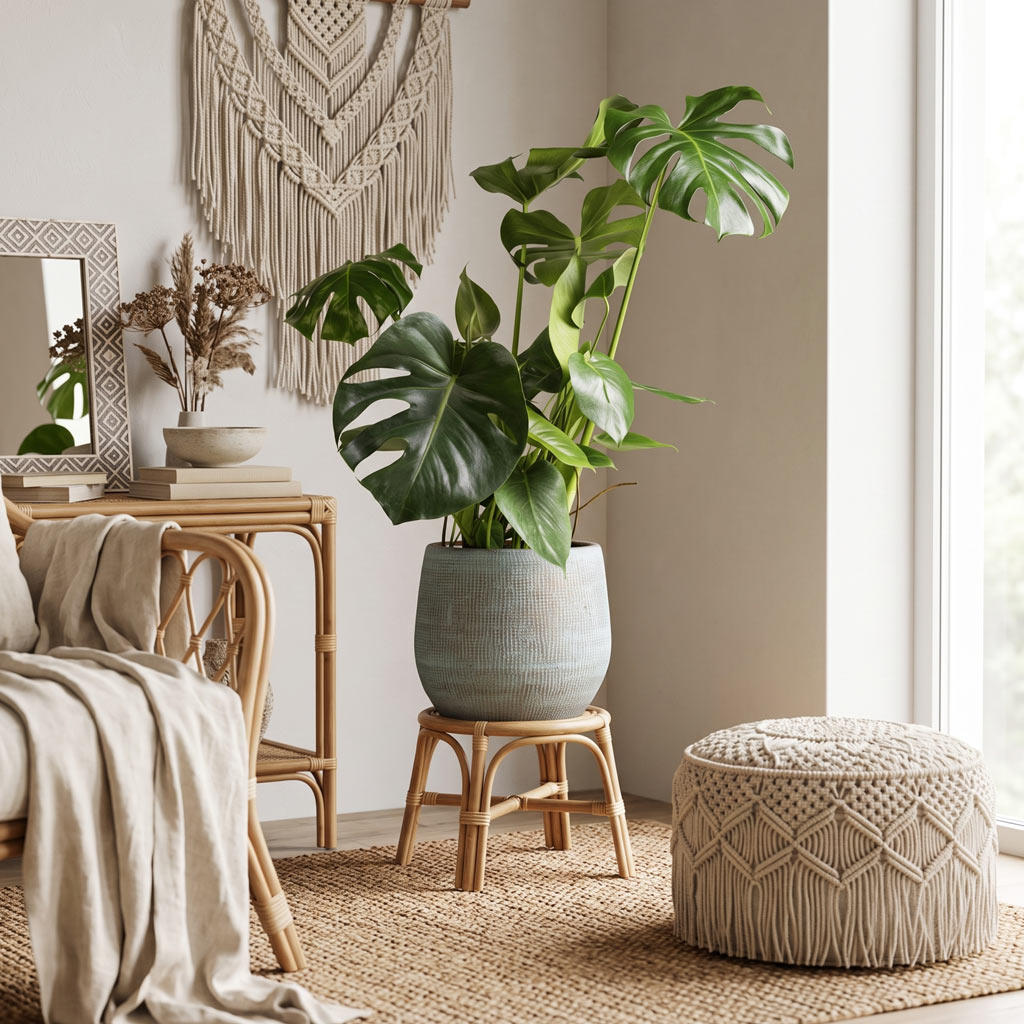 Monstera deliciosa Swiss Cheese Plant - 21x70cm In Ryan Plant Pot Blue Gold - 31x28cm