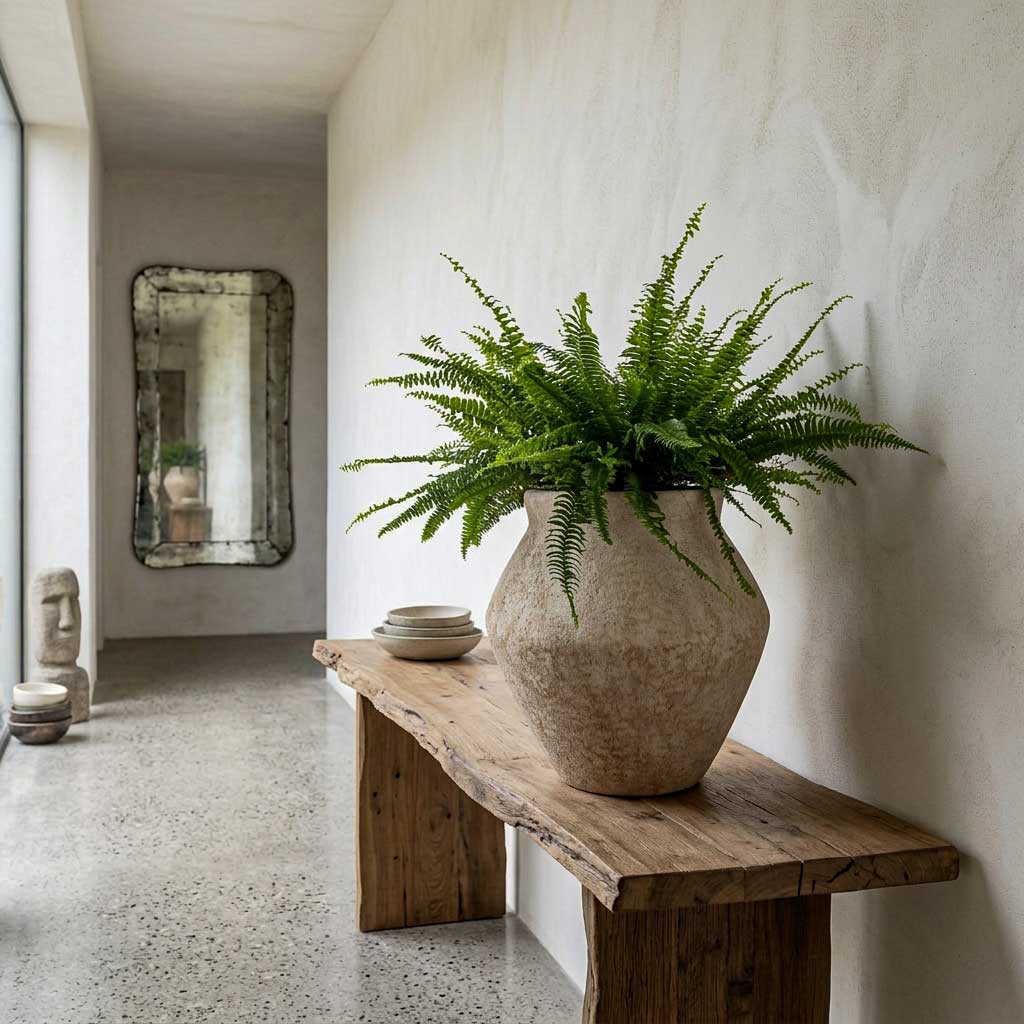 Nephrolepis exaltata Bostoniensis Boston Fern - 19x50cm & Fleuri Mineral Planter Travertine - 46x46cm