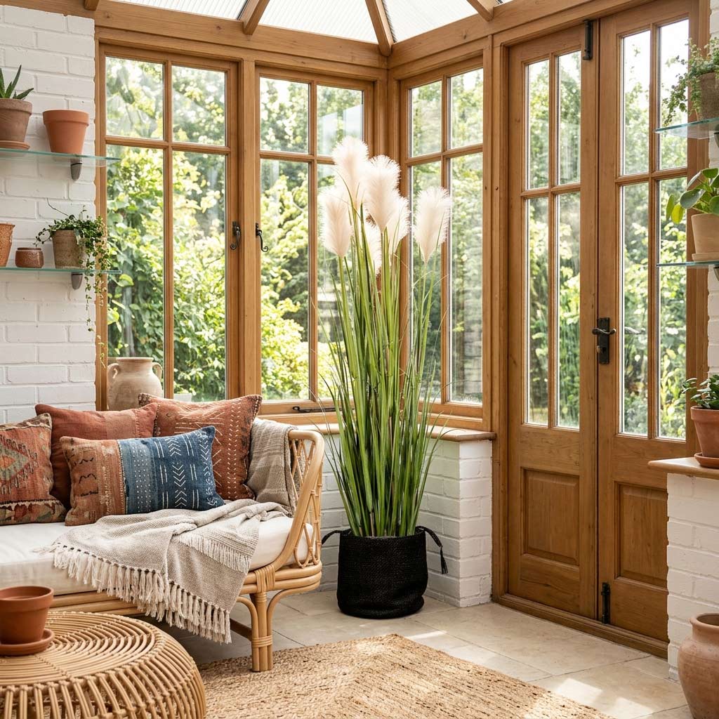 Pampas Grass Potted Artificial 160cm 7 stems houseplant in Stefan Basket Black 30x26cm in a boho inspired conservatory 