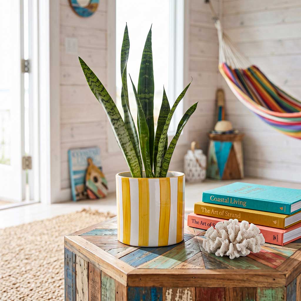 Sansevieria zeylanica - 14 x 50cm in Paros Painted Pot - Yellow Stripe - 17 x 16.5cm